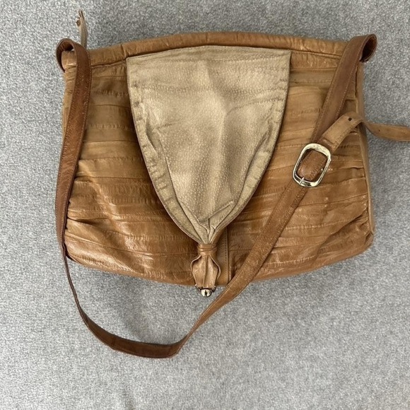 Vintage Genuine Eel Skin Shoulder Bag Purse Exotic Medium Brown Korea Tassel 80s - Picture 3 of 12